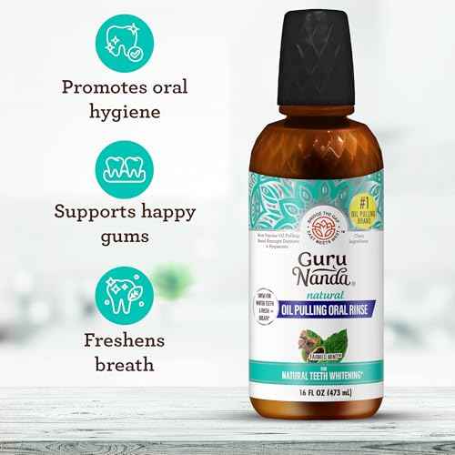 GuruNanda CocoMint Oil Pulling Mouthwash for Complete Oral Hygiene, 7 Essential Oils & Vitamins for Happy Teeth & Gums & Fresh Breath, Alcohol-Free, 16 oz