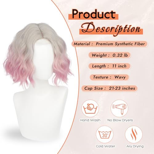 Haloo Pink Ombre Bob Wig for Women - 11 Inch Short Wavy Curly Synthetic Lace Front Hairpiece
