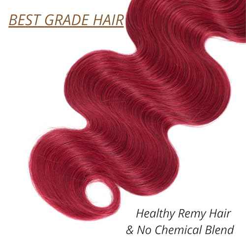 Red Bundles Human Hair Body Wave 22 Inch, 12A Soft and Bouncy Cherry Red Burgundy Colored Single Wavy Bundles 100% Unprocessed Brazilian Remy Hair Double Weft Sew In Quick Weave
