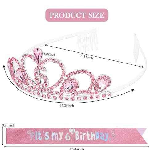 CIEHER 6th Birthday Decorations for Girls - 6th Birthday Crown and Sash with Pearl Pin Set - Pink