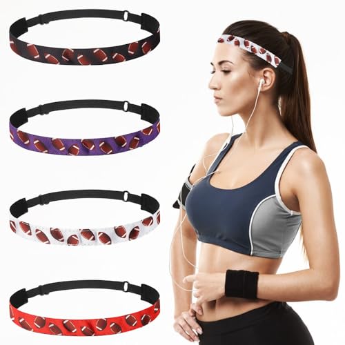 4PCS Football Headband for Women, Adjustable Non Slip Thin Stretch Elastic Red Black White Purple Sports Headbands, Cute Stretchy Athletic Sports Hairband Hair Accessories for Kids Adult
