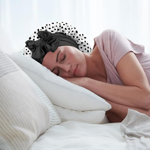 Deokke Satin Long Hair Braid Bonnet for Sleeping – Double Layer Tie Band Nightcap Women Girls
