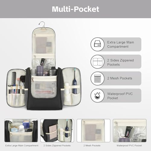 MULISOFT Travel Toiletry Bag for Women & Man, Extra Large Toiletry Bag, Portable Hanging Toiletries Bag, Water Resistant Dopp Kit for Toiletries, Cosmetics, Big Comparment Travel Makeup Bag, Black