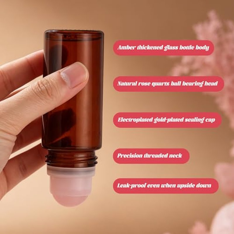 2 Pack 50ml Rose Quartz Essential Oil Roller Bottles - Amber Glass with Gold Cap