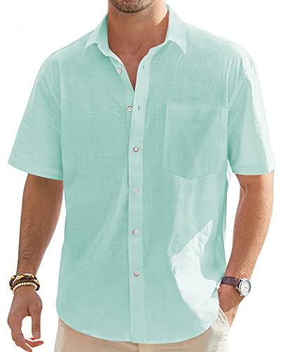 J.VER Men's Short Sleeve Linen Cotton Shirt Casual Button Down Shirt Summer Beach Tops with Pocket Mint Green Medium