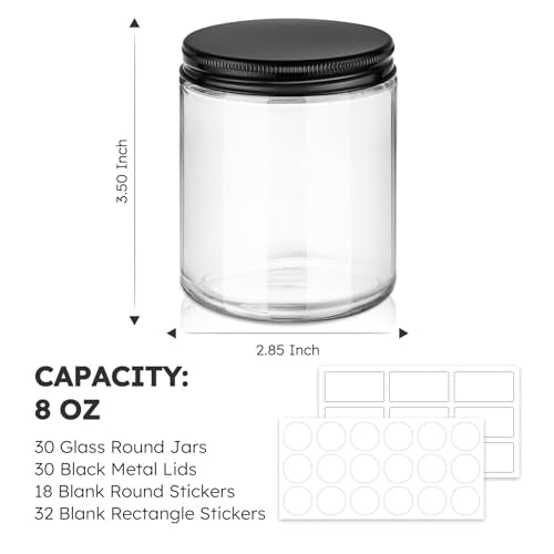 Tecohouse 8 oz Glass Jars with Lids, 30 Pack Candle Jars Canning Mason Jars with Lids, White Labels & Inner Liners, Empty Airtight Round Clear Slime Containers for Cream, Spice, Lotion, Ointments