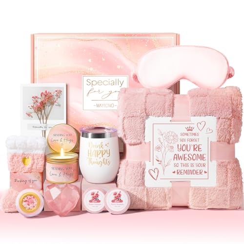 Mothers Day Birthday Gifts for Women, Self Care Get Well Soon Gift Baskets for Women, Rose Relaxing Spa Gifts Care Package with Blanket, Unique Easter Gift Baskets for Mom Her Girlfriend Friend Sister