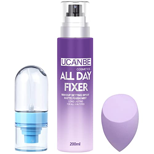 UCANBEMAKEUP Long Lasting Makeup Setting Spray Kit- 6.76 Fl oz Hydrating Matte Finish Mist Lightweight Face Make up Fixer +Travel Size Spray Bottle+Sponge Puff Makeup Set