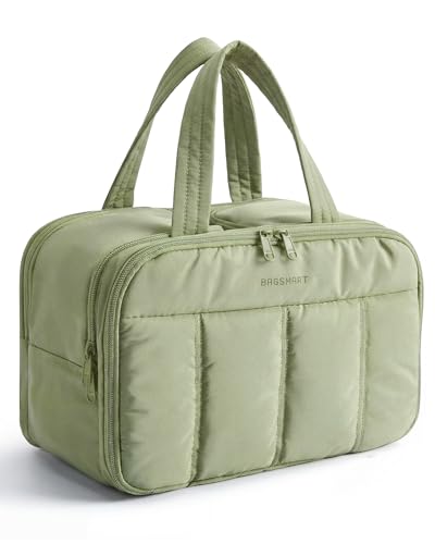 BAGSMART E-Light Green Puffy Travel Toiletry Bag for Women, Large Cosmetic Organizer