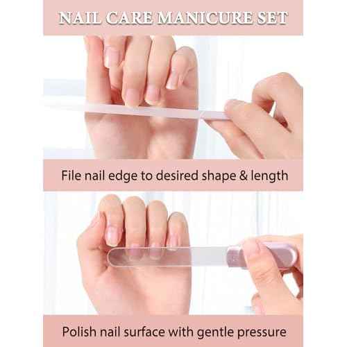 Glass Nail File and Buffer with Case, Crystal Fingernail Files for Natural Nails Nano Nail Shiner Polisher Care Kit for Travel Salon Stocking Stuffers for Women Girl Wife Gifts-Rose Gold