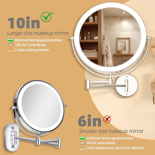 10" Wall Mounted Makeup Mirror with Light, 3000mAh Rechargeable Double Sided 1X / 7X Magnifying Vanity Mirror, 3 Color Lights Touch Dimmable 360¡Æ Rotation Bathroom Mirror, Chrome