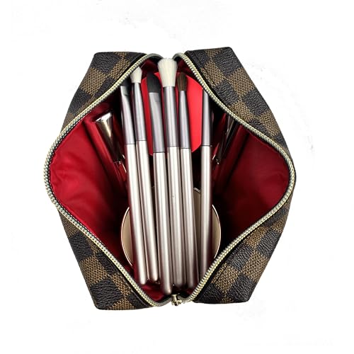 Makeup Bag,3 Pcs Brown Checkered Bags Set,Portable with Adjustable Partition,Large Capacity Pouch for Travel Cosmetic Organizer, Makeup Brushes,Waterproof, Toiletries,Designer for Gift,Checkered