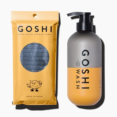 GOSHI Exfoliating Shower Towel and 20 oz Super Vitamin Body Wash for Women and Men - Exfoliating Bath Set for All Skin Types