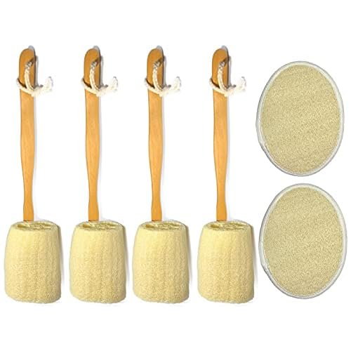 6 pcs/Set - 4 Natural Exfoliating Loofah luffa loofa Bath Brush On a Stick - with Long Wooden Handle Back Brush for Men & Women - 2 XL Large Exfoliating Body Pad - Shower Sponge Body Back Scrubber