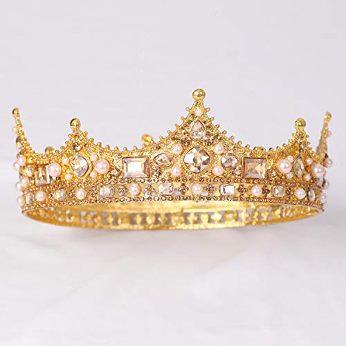 FORSEVEN King Crown for Men - Crystal Pearl Wedding Tiara