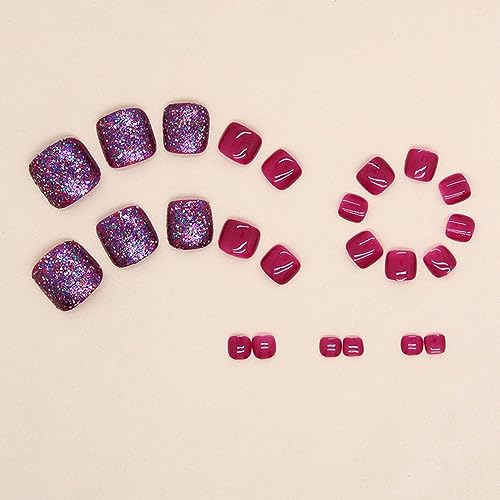 Sparkly Press on Toenails Purple Square Fake Toenails with Glitter French Fake Nails Acrylic Toe Nails for Women Glossy Toe Nail Tips Glue on ToeNails 24pcs