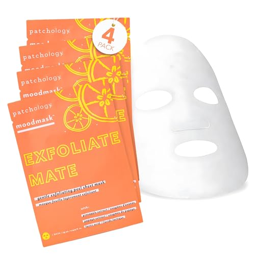 Patchology Exfoliate Mate Face Mask - Exfoliating Facial Sheet Masks w/Papaya & Lactic Acid Serum, Removes Dead Skins & Unclogs Pores for Smooth & Brighter Skin - Ultimate Skincare Solution (4 Count)