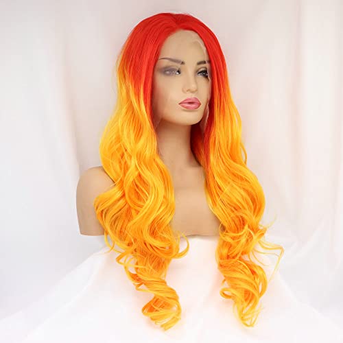 24" Bright Red Orange Ombre Color Wig Heat Resistant Synthetic Lace Front Wigs for Women Flame Red Female Cosplay Party Wigs Drag Queen