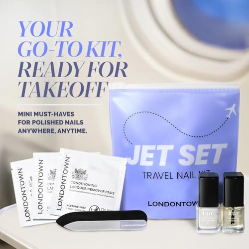LONDONTOWN Jet Set Travel Nail Kit ? Mini Nail Concealer, Cuticle Oil, Remover Pads & Glass File for Healthy, Polished Nails On the Go, No Base or Top Coat Needed