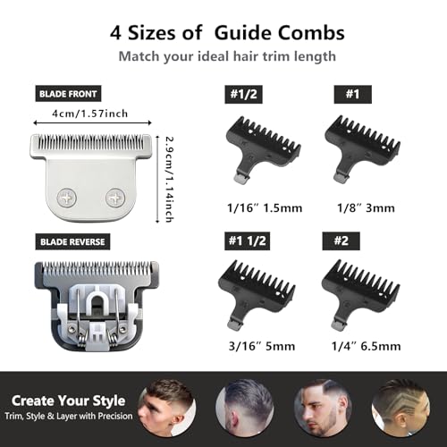 2 Detachable 40mm T-Blades with 4 Guard Combs (1.5mm 3mm 5mm 6.5mm)-Compatible with Wahl Trimmer Models 9864, 9864SS, 9818, 9888, 9867, 9816, WSS3L, SS2L& More
