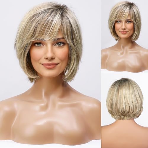 Haircube Short Ombre Blonde Wig with Lace Front, Hand-Tied, Layered Bob w/ Bangs (Blonde Mixed Brown)