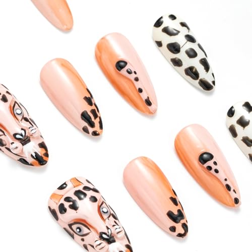 FORBELOVED NAILS,Nude Hand-pained Leopard Handmade Press On Nails,Medium Almond Glue On Nails,Charming 3D Texture Tails False Nails For Women And Girls,10Pcs/Set With Glue,(Nude-L),FOB