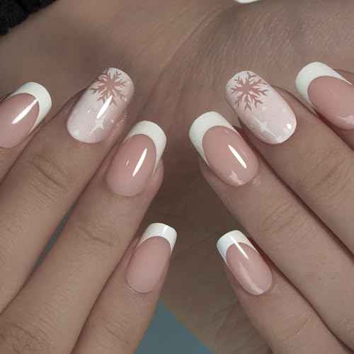 Curvlife Soft Gel Press On Nails ? Reusable False Natural Fit Fake Nails Tips Stick Ons, Salon Quality UV Finish (snowflake french, Short)