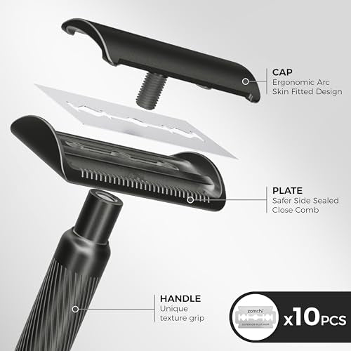 ZOMCHI Double Edge Safety Razor with Razor Stand, [New Version 2.0 ] Men¡¯s Metal Razor with 10 Safety Razor Blades for Men & Women - Matte Black
