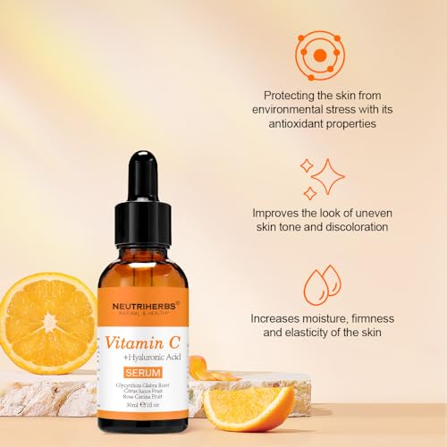 NEUTRIHERBS Vitamin C Serum for Face with Hyaluronic Acid, Firm, Anti Aging, Brighten, Even Skin, Daily Skincare Natural Nourish Facial Serum,1 fl oz
