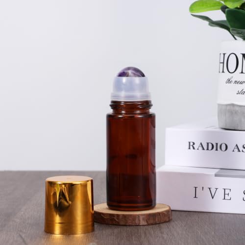 2 Pack 1.7oz Amber Glass Roller Bottles with Purple Crystal Balls