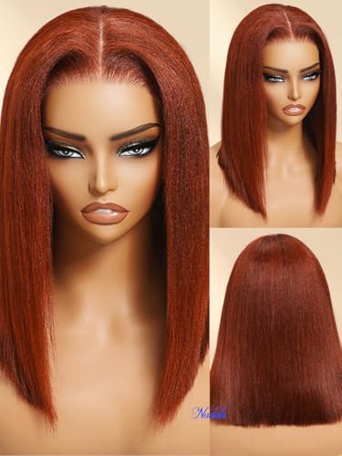Nadula Reddish Brown Yaki Straight Bob Wig 7x5 Lace Front Human Hair Pre-Plucked
