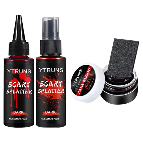 Halloween Fake Blood Makeup Kit, 1.41oz Coagulated +1.76oz Fake Blood Spray +1.76oz Dripping Blood , Realistic Washable Fake Blood Makeup for Zombie Vampire Monster Cosplay & Dress Up