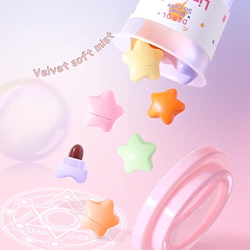 Mini Star Lipstick Set, 6Pcs Cute Long Lasting Matte Lipstick Set, Portable Colorful Velvet Lipsticks with Pink Cup, Suitable for Various Makeup