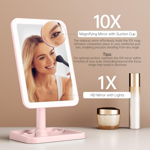 Famihomii Rechargeable Lighted Makeup Mirror for Girls, Desk Mirror with Lights, Detachable 10X Magnifying Mirror, Storage Base, 360¡Æ Rotation, Dimmable Lights for Teens Gifts, Pink