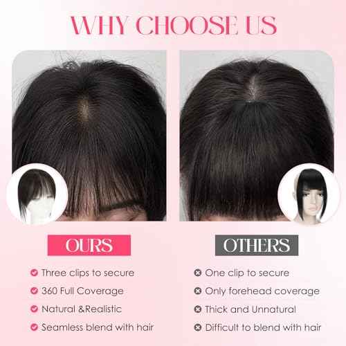 S-noilite Real Human Hair Topper with Bangs 360¡Æ3D Cover Hair Toppers for Women with Wispy Bang Natural Black Clip on Bangs for Daily Wear