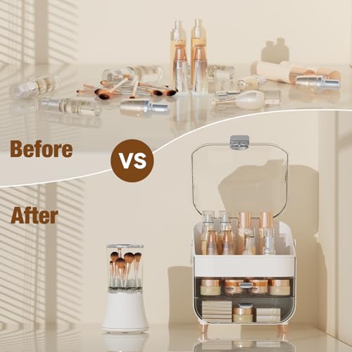 Makeup Organizer Countertop & Makeup Brush Holder with Lid 360 Rotating Clear Dustproof Skincare Holder for Vanity Bathroom Countertop, Ideal Gifts for Women, Transparent, Silver