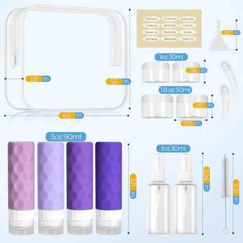 16pack Travel Bottles for Toiletries, TSA Approved Travel Size Containers Set, Leak Proof Refillable Liquid & Creams Toiletries Accessories Kit W/Toiletry Bag (Purple)