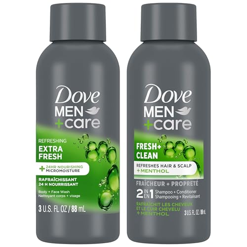 Dove Men+Care Travel Essentials Bundle ??Extra Fresh Body & Face Wash & Fresh + Clean 2-in-1 Shampoo, 3 Oz Ea