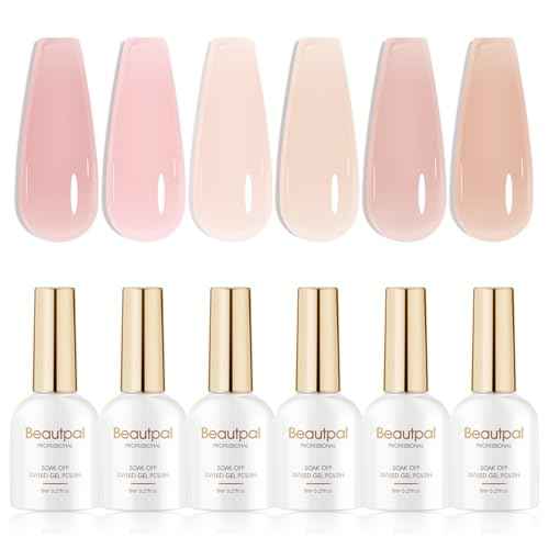 Beautpal Nude Gel Polish Set, 6pcs Jelly Gel Polish Nude Pink Neutral Color Translucent Gel Nail Kits for Salon Gel Manicure and Nail Art DIY at Home 8ml J05