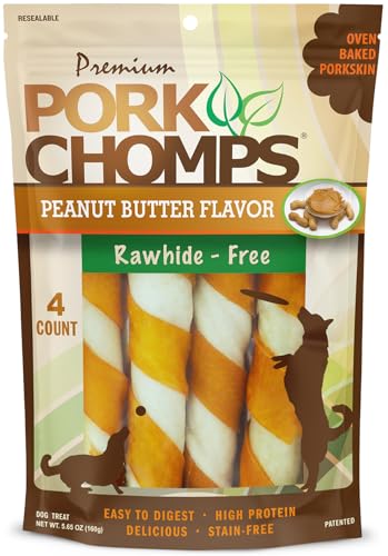 Pork Chomps Baked Pork Skin Dog Chew, 6-inch Twists, Peanut Butter Wrap, 4 Count