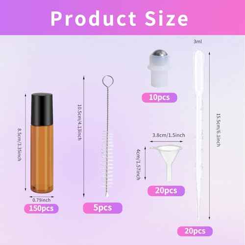 150 Pcs Essential Oil Roller Bottles 10 ml Leakproof Empty Glass Roll on Bottles with Stainless Steel Roller Balls with 20 Funnels 20 Droppers for Travel Perfume Essential Oil(Amber)