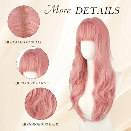 Pink Wavy Wig with Bangs - 26 Inch Heat Resistant Synthetic Hair
