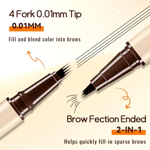 Boobeen Microblading Eyebrow Pen 2-in-1 with 4-Fork-Tip, Dark Brown
