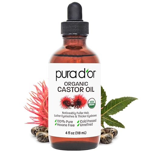 PURA D'OR 4 Oz Organic Castor Oil ? Pure Cold-Pressed, Hexane-Free, USDA Certified ? Lashes, Brows, Hair, Scalp, Skin ? Botanical Moisturizer Supporting Softness, Strength, Hydration, Shine & Radiance