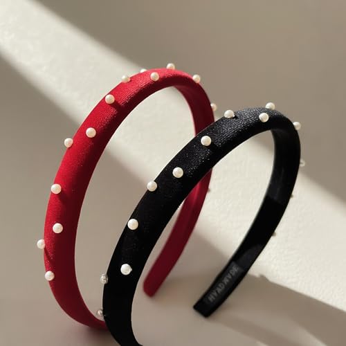 Pearl-Accented Velvet Headbands for Women 2 Pack - Black & Burgundy, Vintage Elegant Hair Accessories, Fanssya