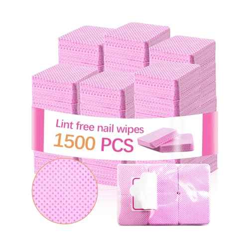 1500Pcs Lint Free Nail Wipes, Pink No Lint Nail Wipes for Gel Nails Lint Free Polish Remover Wipe Eyelash Extensions Glue Nails Cleaning Pads Supplies