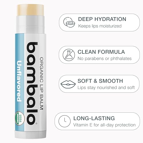USDA Organic Lip Balm Unflavored 4-Pack by Bambalo ? Beeswax, Coconut Oil, Vitamin E ? Gentle Lip Repair Chapstick for Dry Lips ? Moisturizing Care for Men and Women