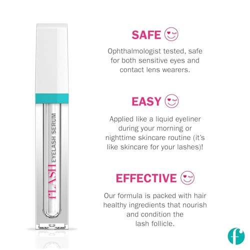 fLASH Eyelash Serum for Long, Curled Natural Lashes - Enhances & Strengthens, Safe & Effective Formula for Contact Wearers & Sensitive Eyes, 3 Month Supply - 2mL (0.07 Fl Oz)