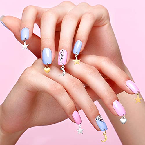 PAGOW 71 PCS Dangle Nail Art Charm, Nail Jewelry Rings with Nail Piercing Tool Hand Drill for Tips, Acrylic, Gels and Decorations