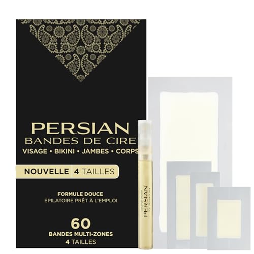 Persian Multi-Zone Cold Wax Strips | 4 Sizes, 60 Strips | Pre-Lined for Face, Legs, Body, Bikini & Underarms | Hair Removal Waxing Kit with Aftercare Oil | Easy, Ready-to-Use | All-Natural Ingredients